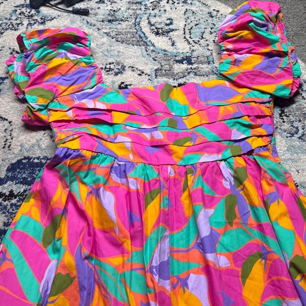 Peach Love California Pink Floral Puff Sleeve Cotton Mini Dress Large IR38983-02 - Picture 3 of 10